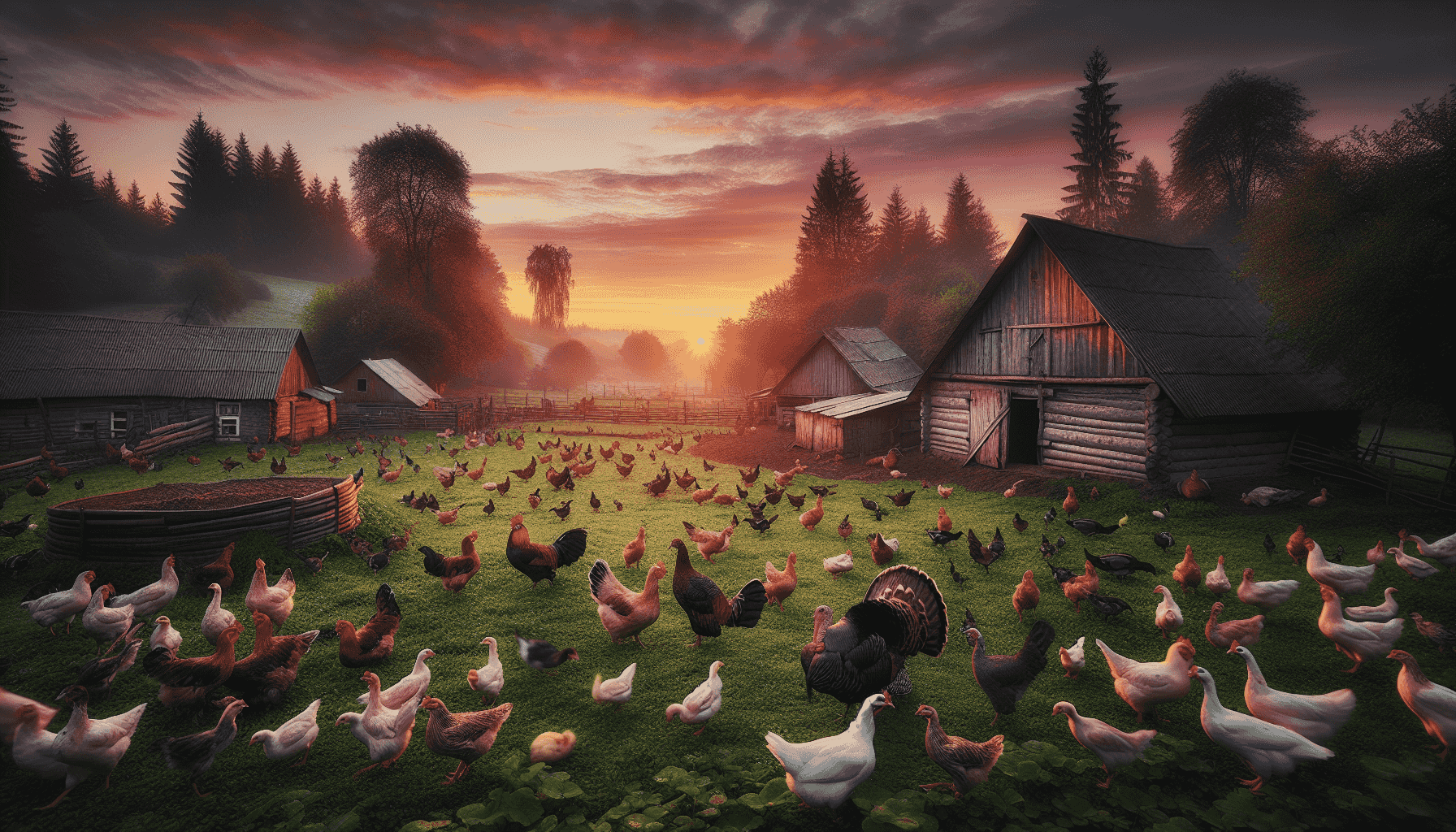 Geflügelfarm bei Sonnenaufgang